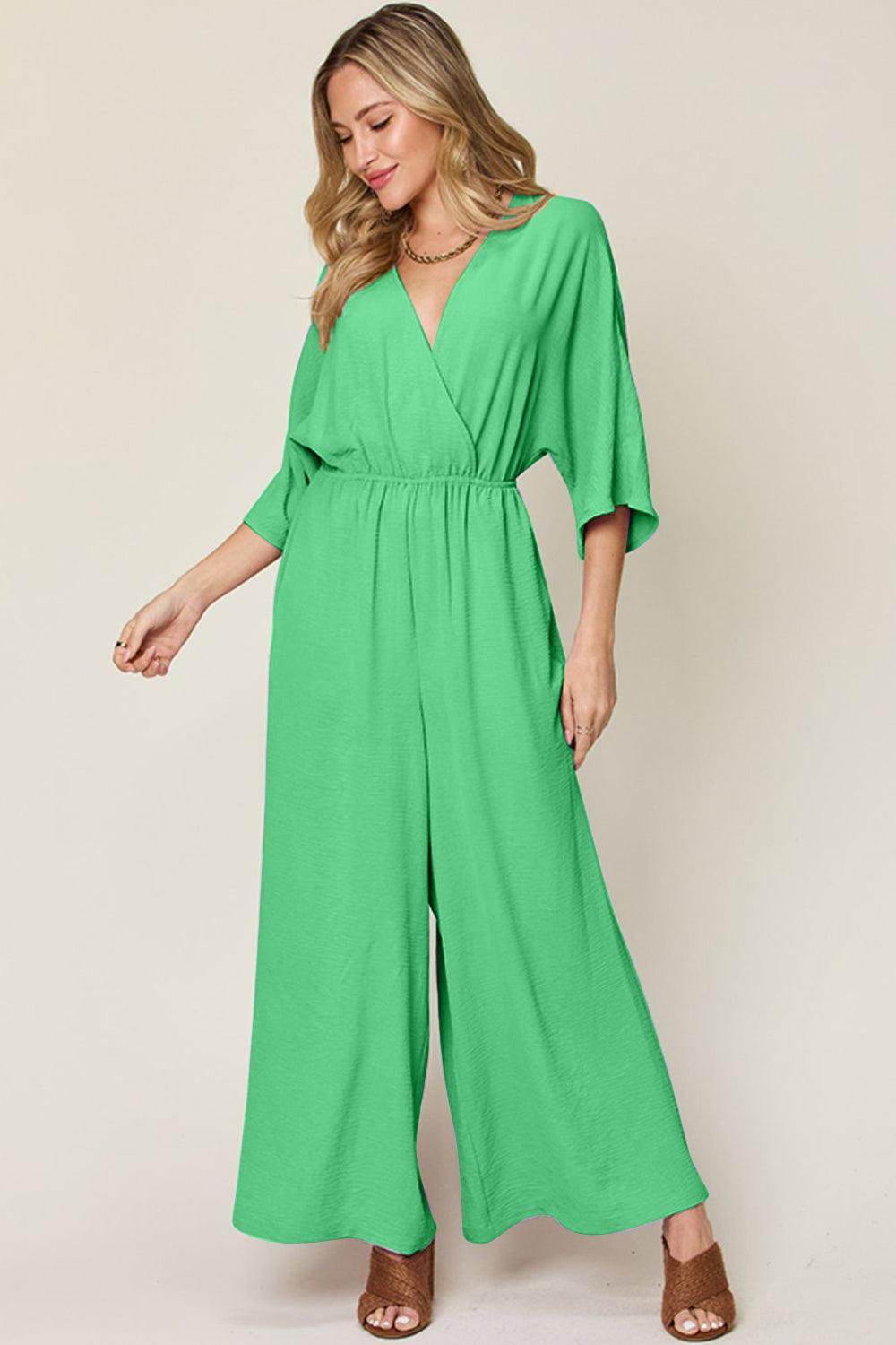 Double Take Full Size Surplice Wide Leg Jumpsuit with Pockets - Selvanelle