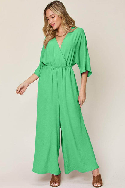 Double Take Full Size Surplice Wide Leg Jumpsuit with Pockets - Selvanelle