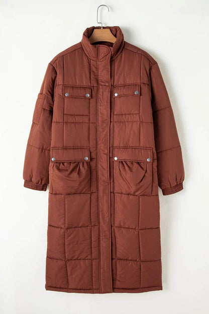 Pocketed Bubble Texture Long Sleeve Longline Winter Coat - Selvanelle