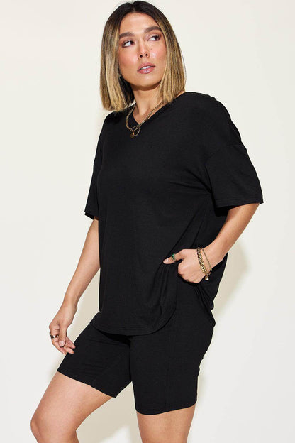 Basic Bae Full Size V-Neck Drop Shoulder T-Shirt Set - Selvanelle