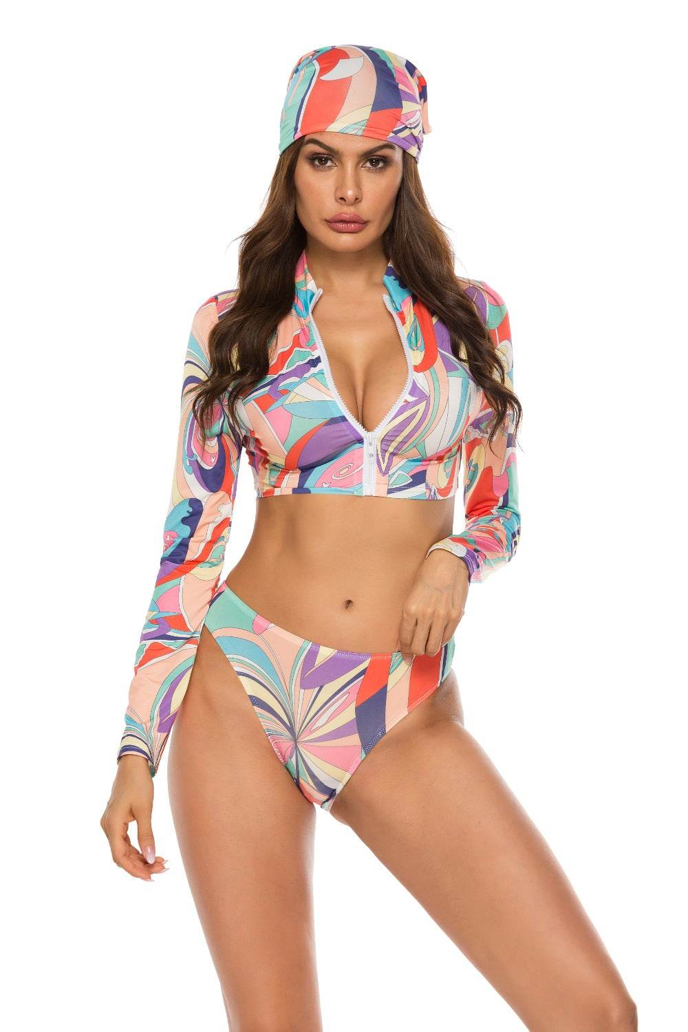 Printed Zip Up Three-Piece Swim Set - Selvanelle