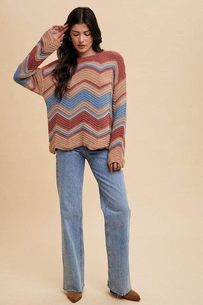 Annie Wear Multi Color Zig-Zag Round Neck Sweater for Women - Selvanelle