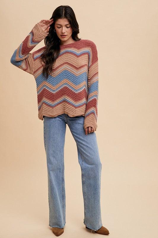 Annie Wear Multi Color Zig-Zag Round Neck Sweater for Women