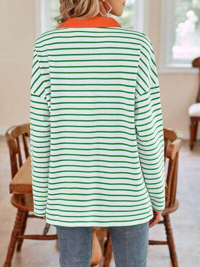 Lovelet Striped Johnny Collar Long Sleeve T-Shirt for Women - Selvanelle