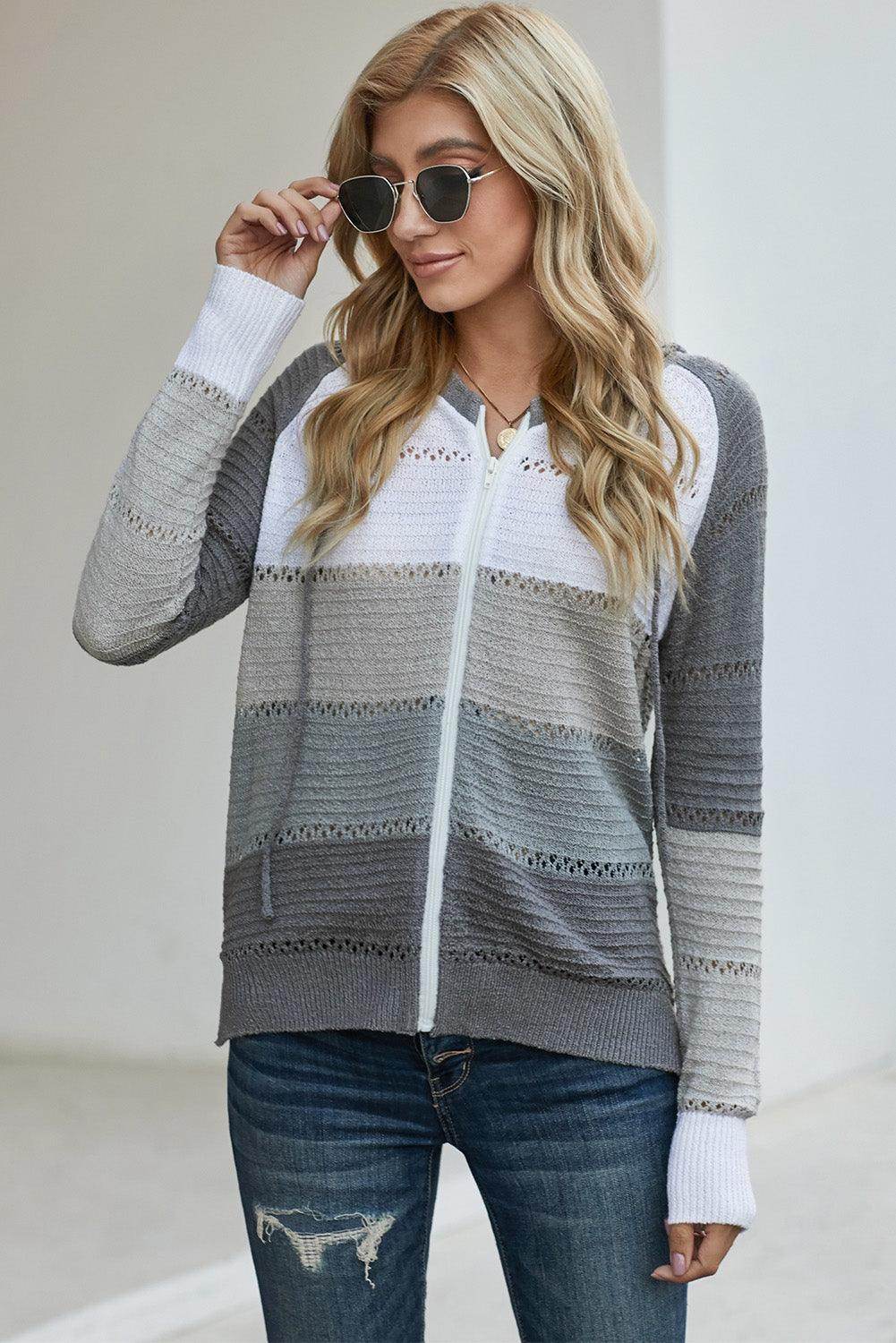 Zip-Up Raglan Sleeve Openwork Hooded Cardigan for Women - Selvanelle