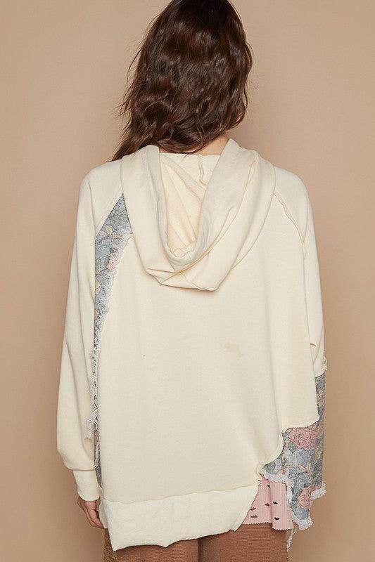 POL Floral Patchwork Distressed Drawstring Hoodie For Women - Selvanelle