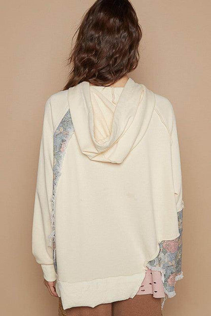 POL Floral Patchwork Distressed Drawstring Hoodie For Women - Selvanelle