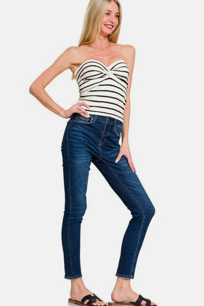Zenana Twisted Sweetheart Neck Striped Tube Top for Women - Selvanelle