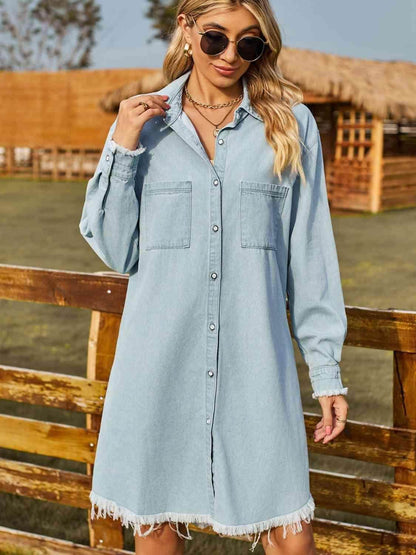 Button Up Collared Neck Raw Hem Denim Dress for Women - Selvanelle