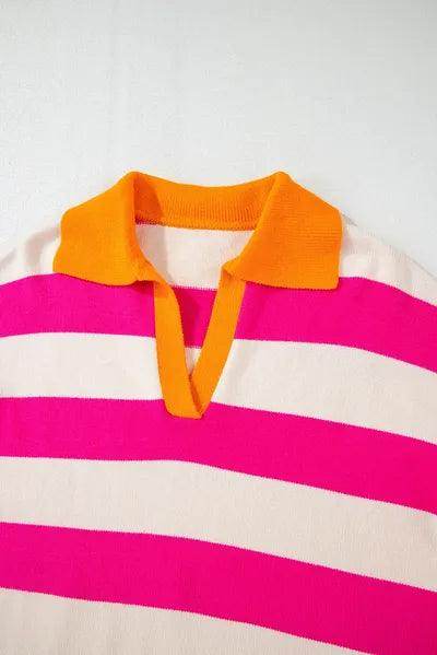 Contrast Stripes Johnny Collar Long Sleeve Sweater for Women - Selvanelle