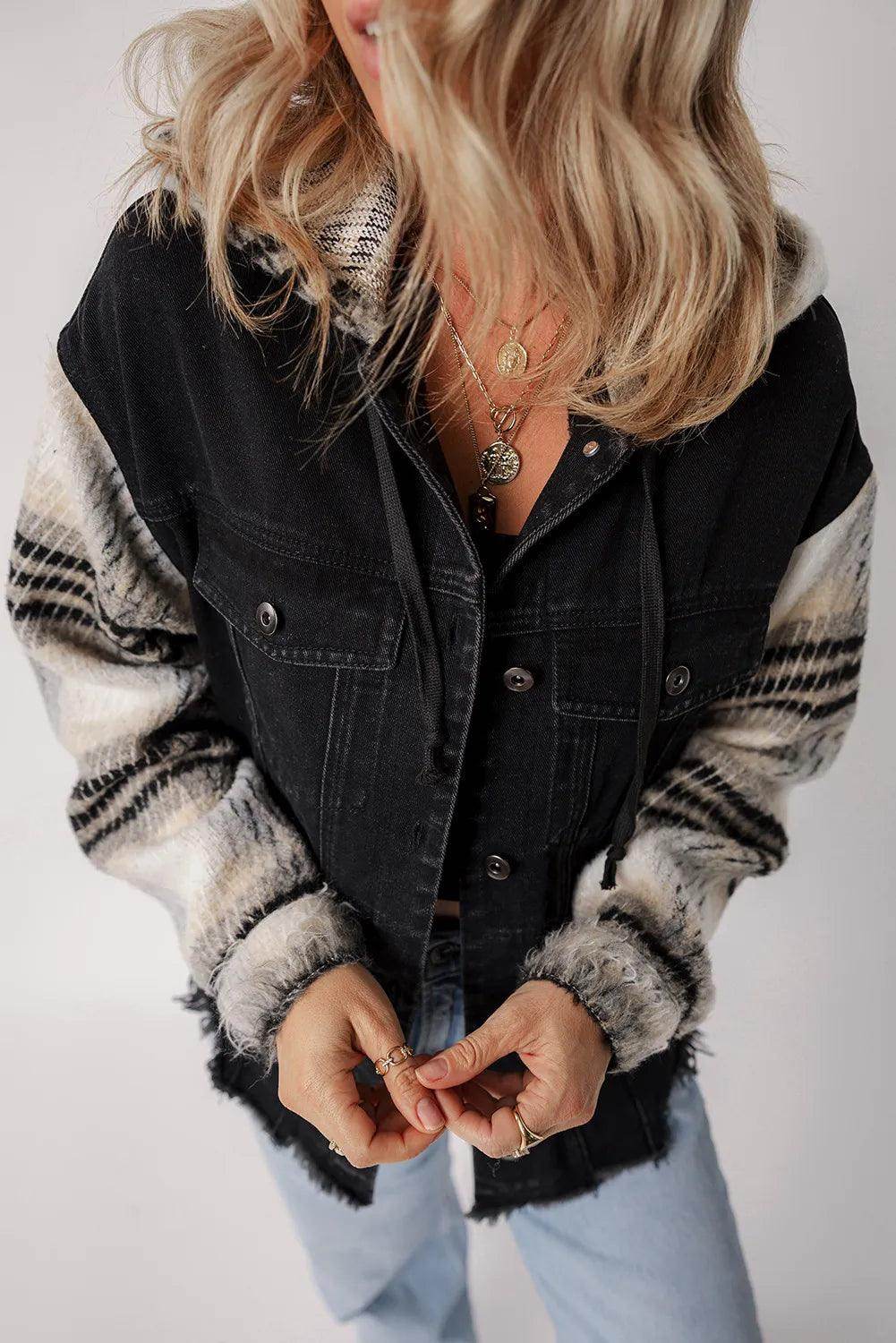 Drawstring Raw Hem Button Up Hooded Denim Jacket for Women - Selvanelle