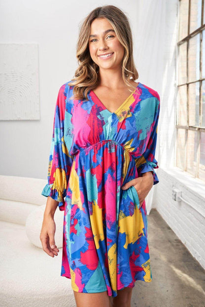 White Birch Full Size Printed V-Neck Mini Dress for Women - Selvanelle