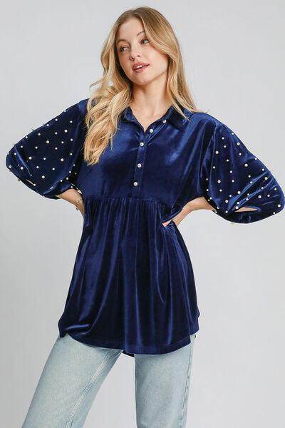 Umgee Pearl Detail Collared Neck Velvet Babydoll Blouse - Selvanelle