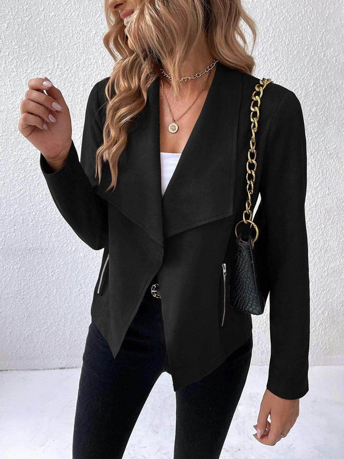 Collared Neck Long Sleeve Jacket for Everyday Wear - Selvanelle