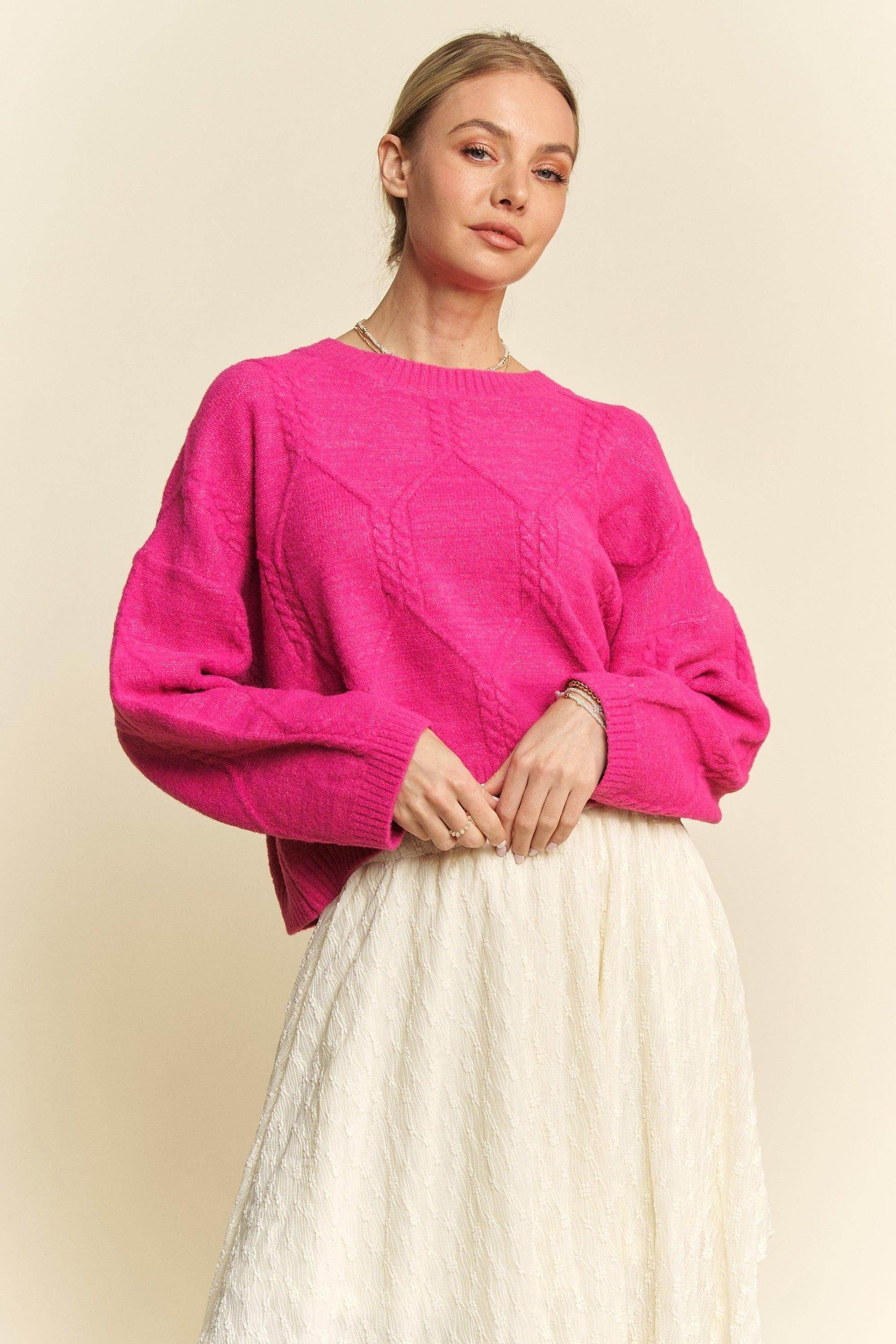 Davi & Dani Diamond Cable Pattern Drop Shoulder Sweater - Selvanelle