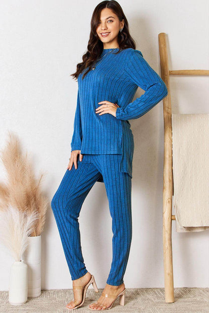 Basic Bae Full Size Ribbed Round Neck High-Low Slit Top Set - Selvanelle