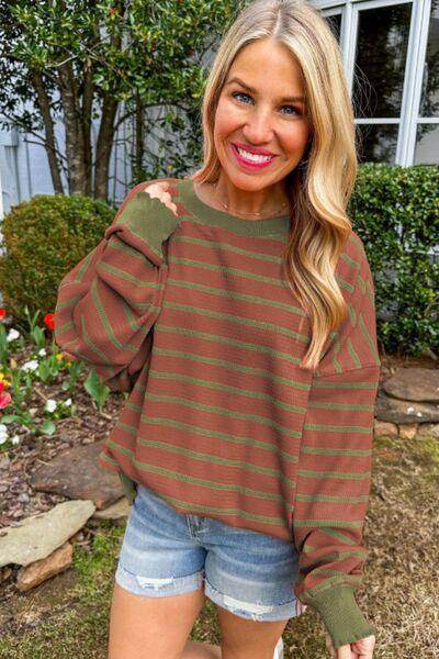 Striped Round Neck Long Sleeve Sweater for Women Fashion - Selvanelle