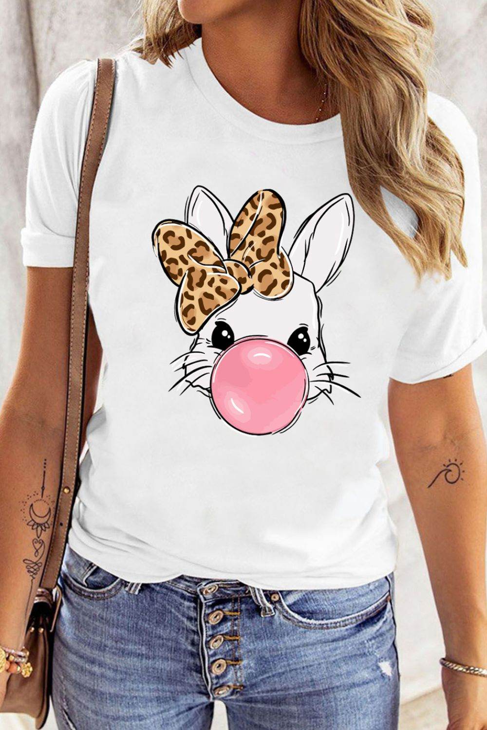 Leopard Bow Rabbit Graphic Round Neck Short Sleeve T-Shirt - Selvanelle