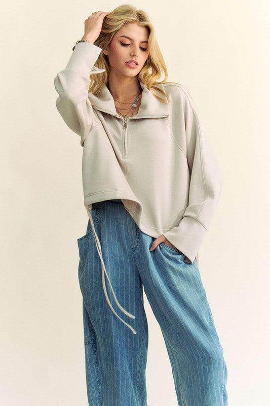 Davi & Dani Drawstring Hem Half Zip Raglan Sleeve Sweatshirt - Selvanelle