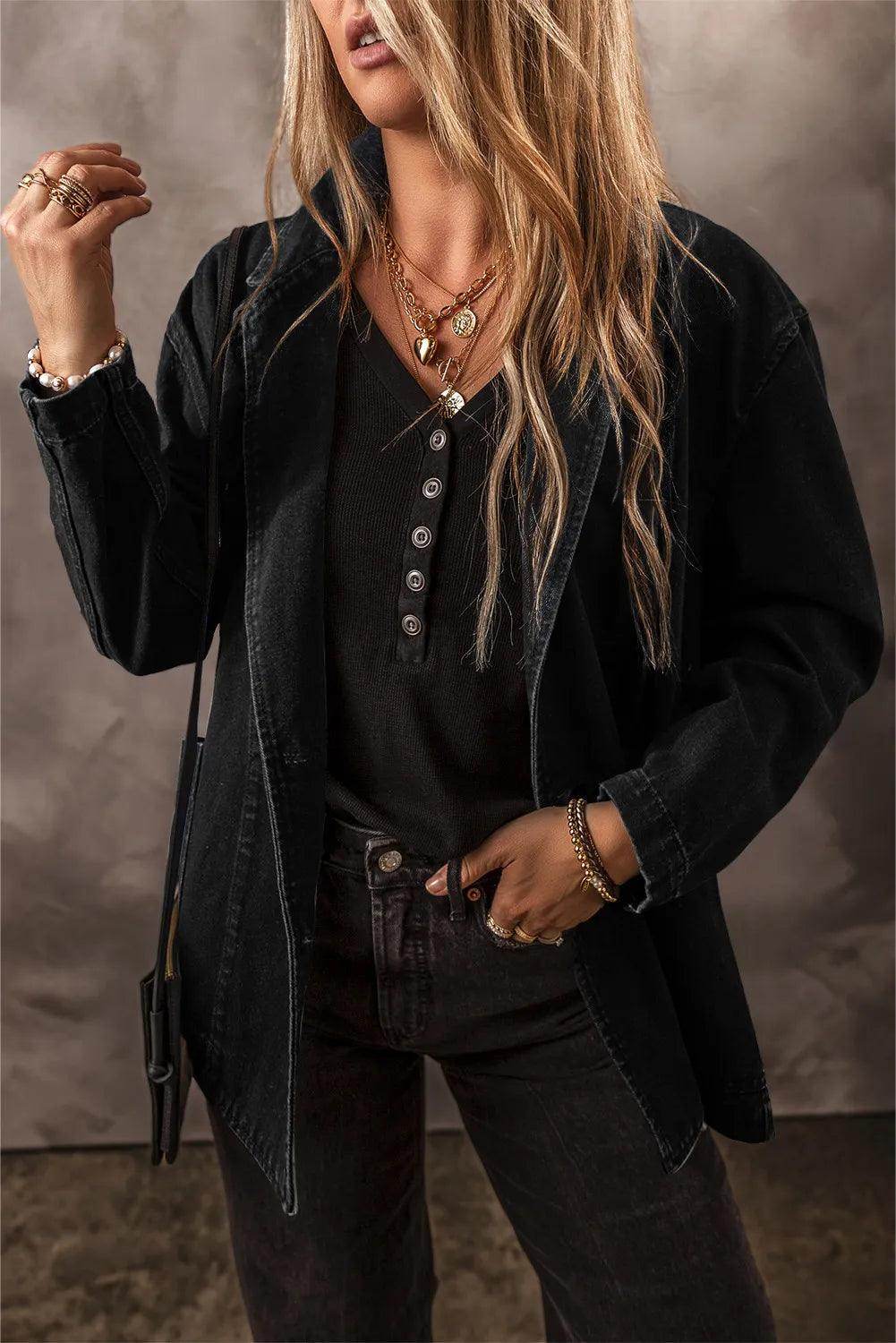 Pocketed Long Sleeve Denim Jacket for Women Stylish Fit - Selvanelle