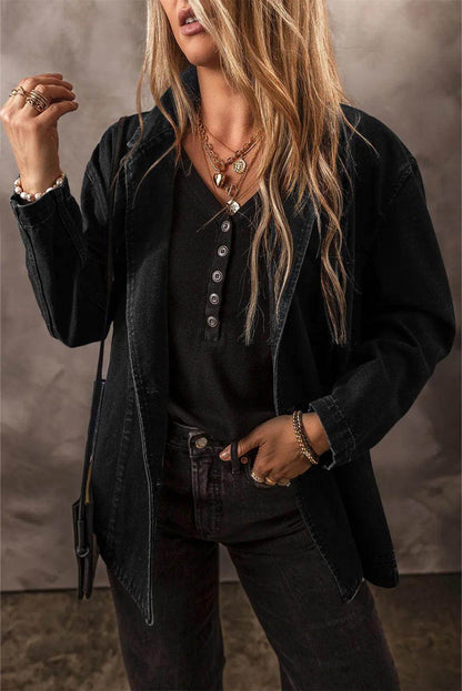 Pocketed Long Sleeve Denim Jacket for Women Stylish Fit - Selvanelle