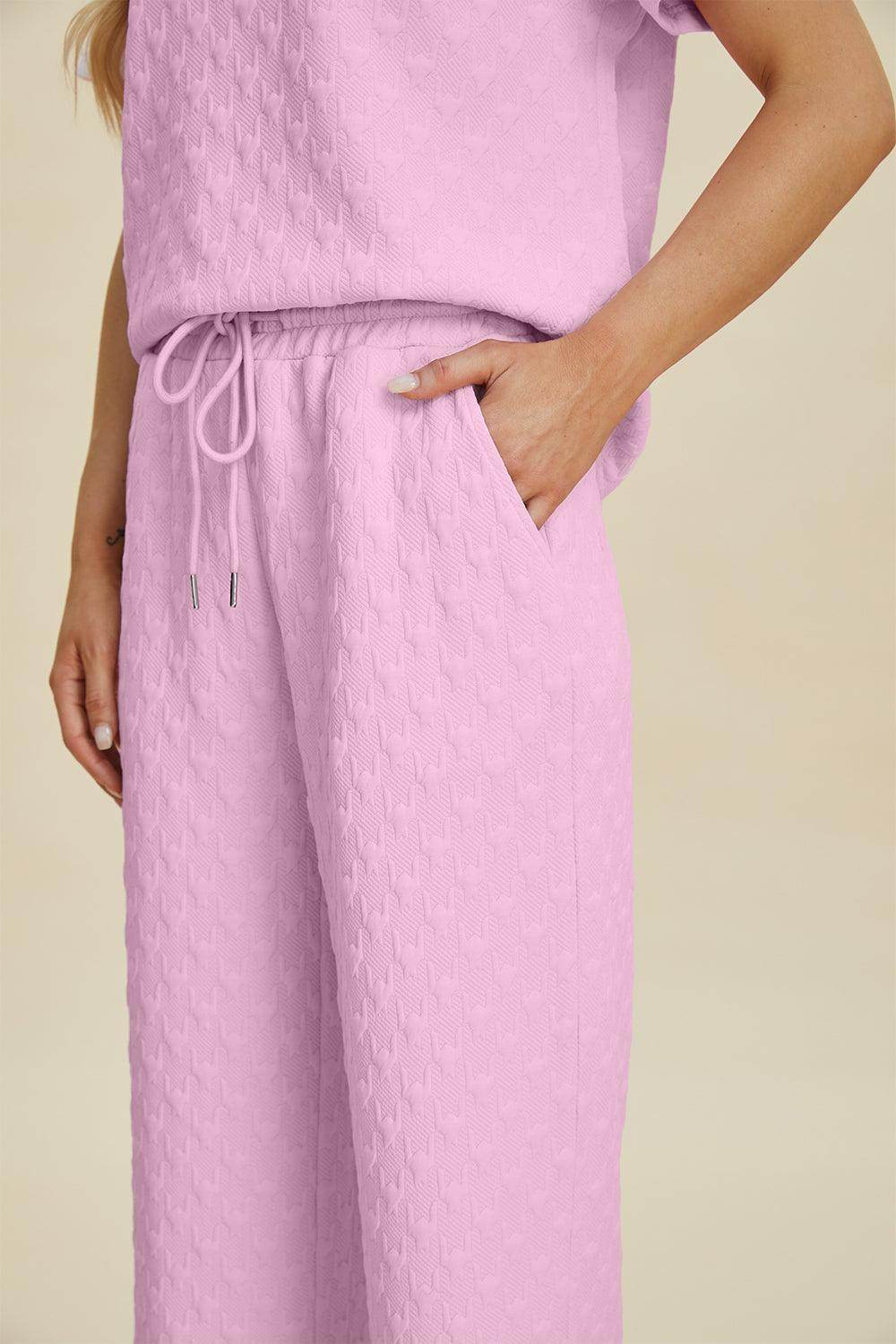 Double Take Full Size Texture Round Neck Top and Pants Set - Selvanelle