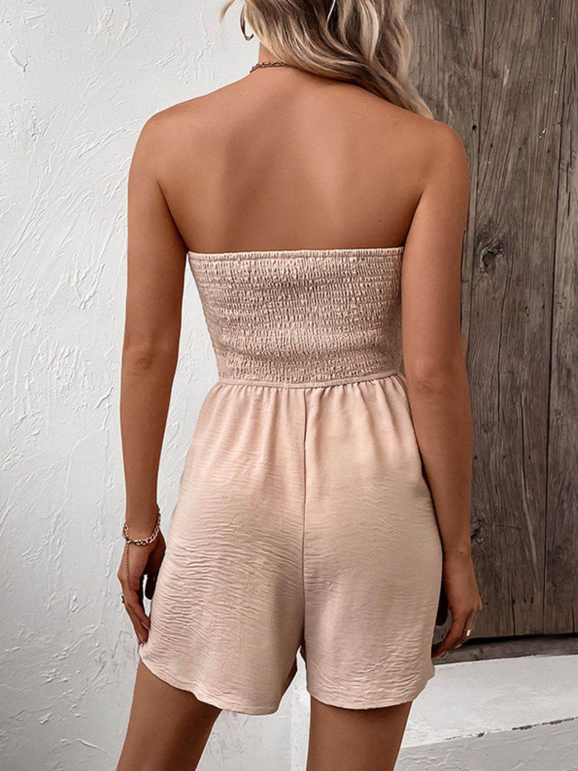 Perfee Decorative Button Smocked Strapless Romper - Selvanelle