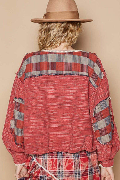 POL Round Neck Long Sleeve Plaid Shirt for Women Casual - Selvanelle
