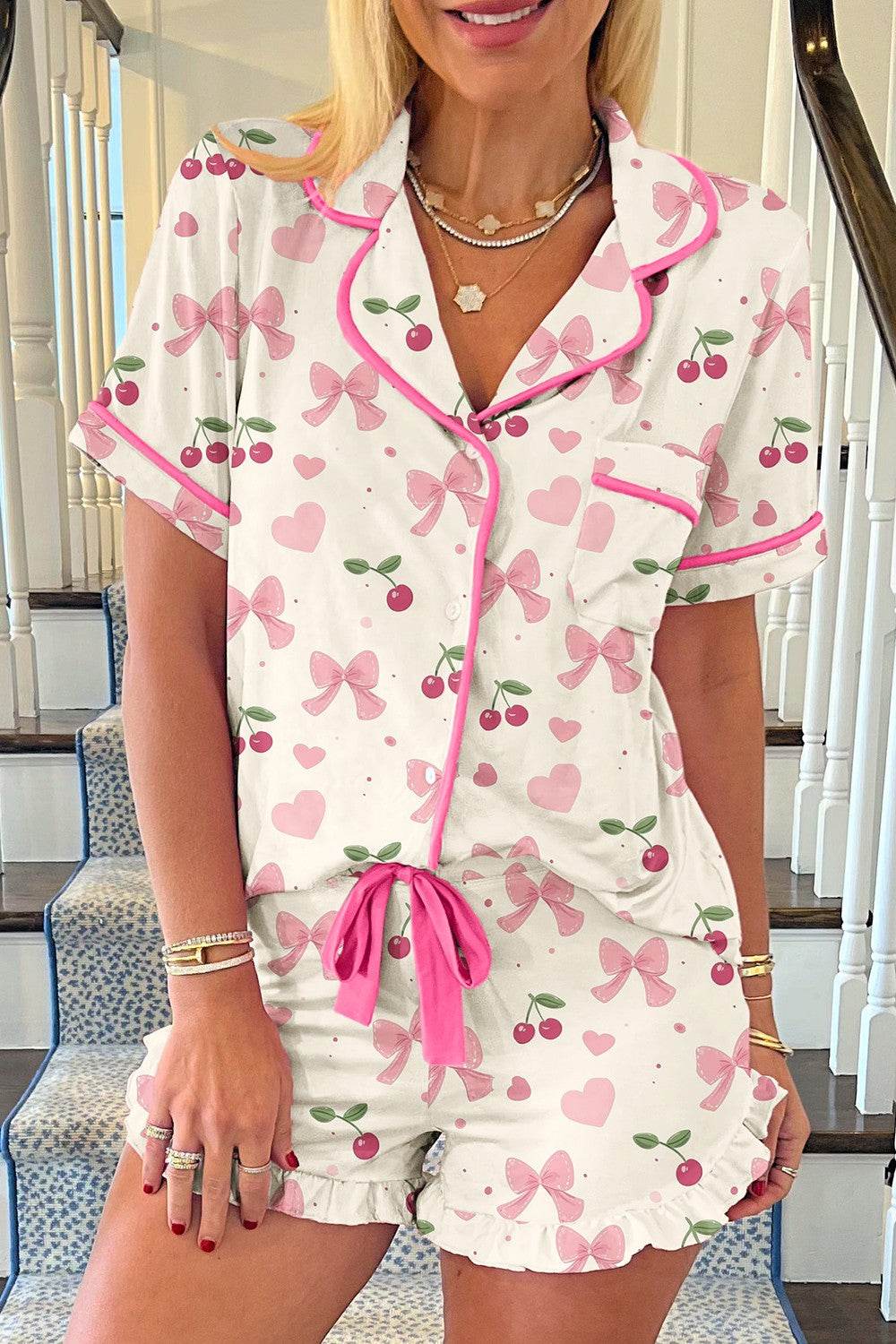 Printed Button Up Short Sleeve Top and Shorts Lounge Set - Selvanelle