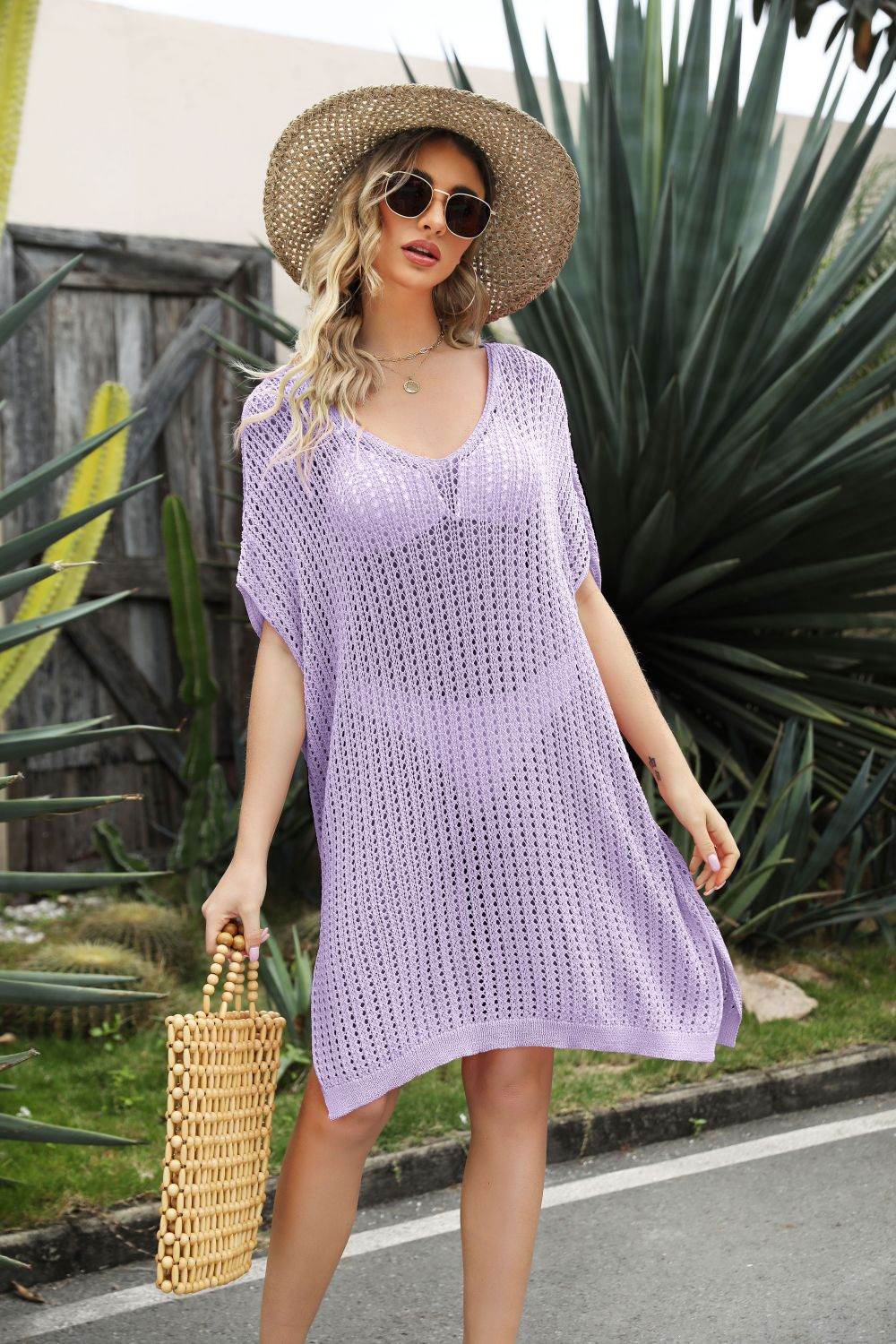 Openwork Side Slit Cover-Up Dress - Selvanelle