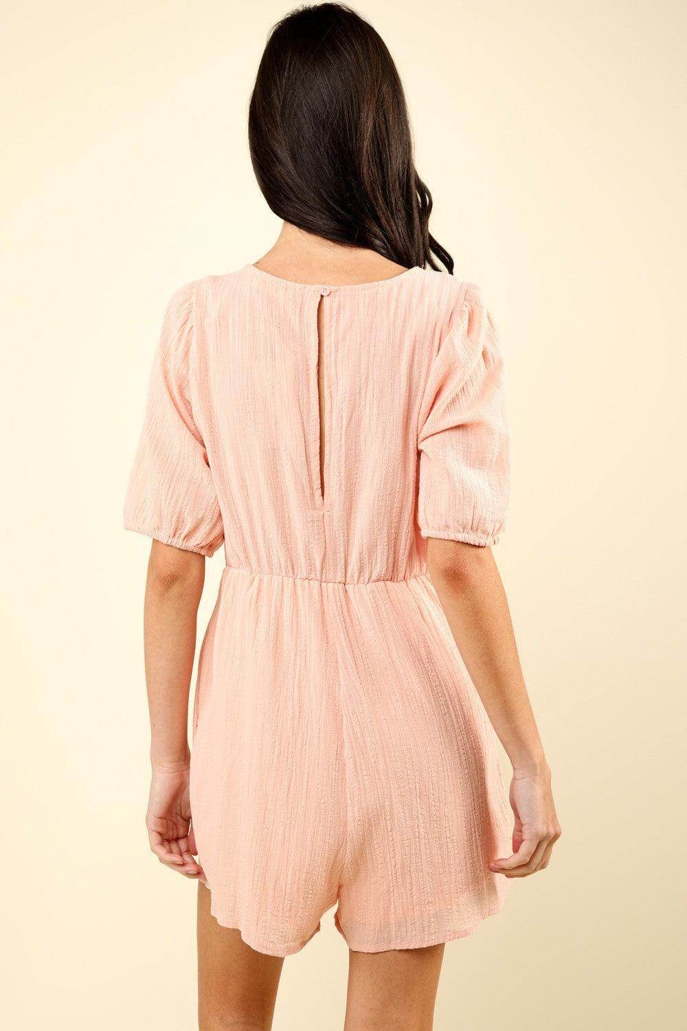 Very J Lace Detail Puff Sleeve Romper with Pockets - Selvanelle