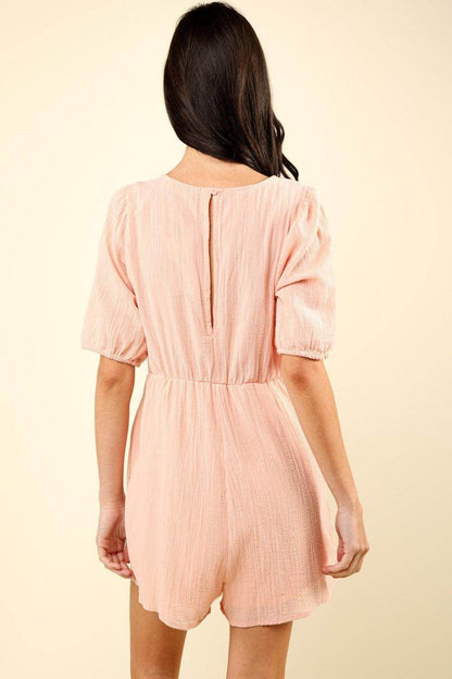 Very J Lace Detail Puff Sleeve Romper with Pockets - Selvanelle