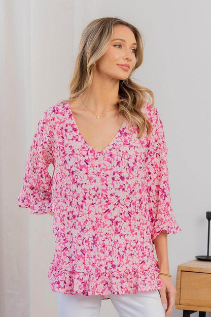 Sew In Love Full Size Floral V-Neck Flounce Sleeve Top - Selvanelle