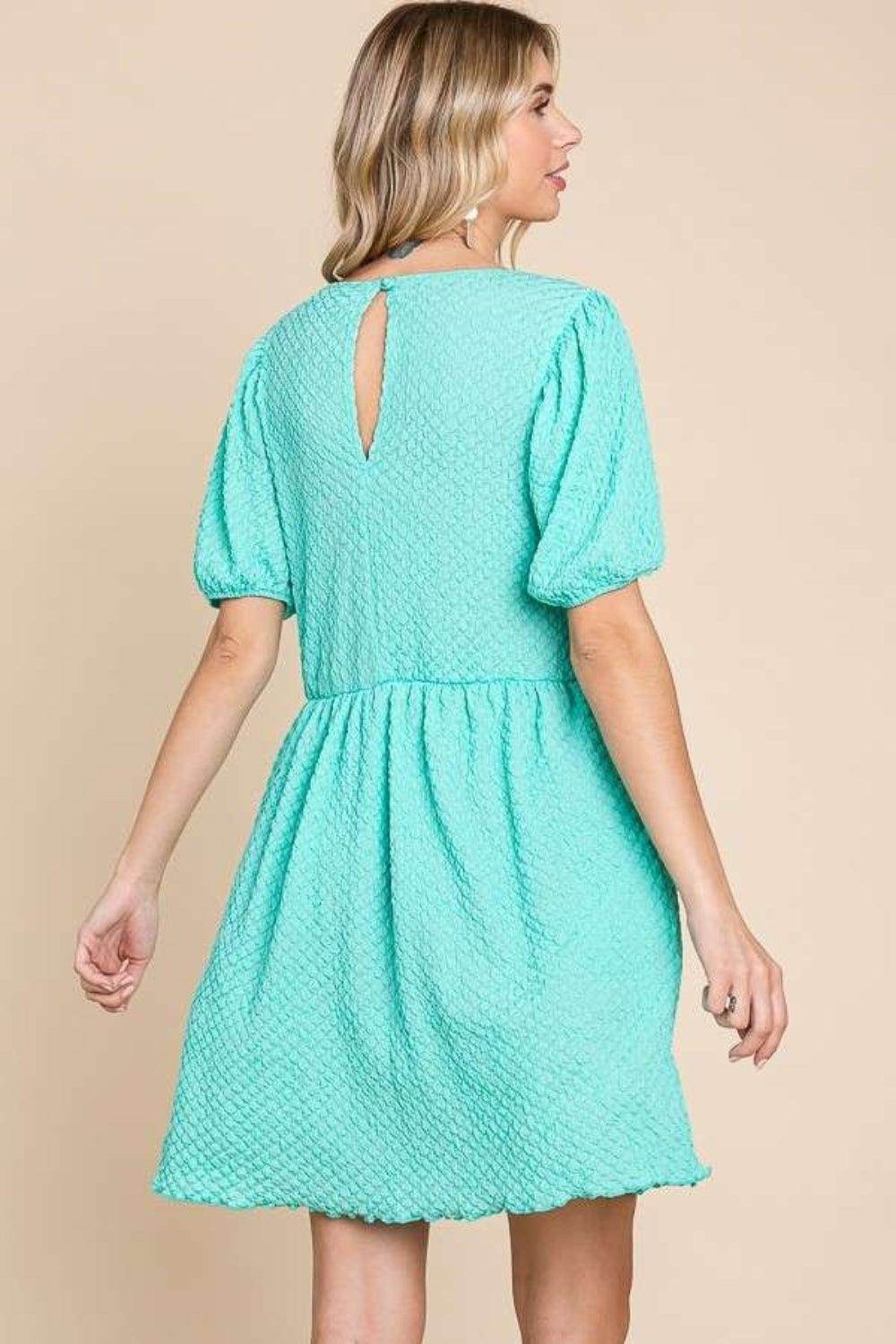 Culture Code Full Size Textured Round Neck Puff Sleeve Dress - Selvanelle