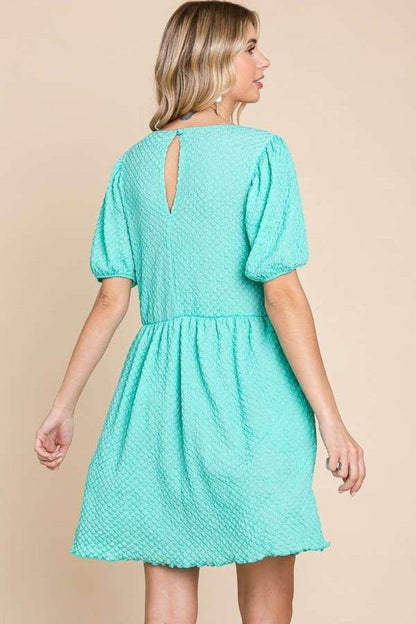 Culture Code Full Size Textured Round Neck Puff Sleeve Dress - Selvanelle