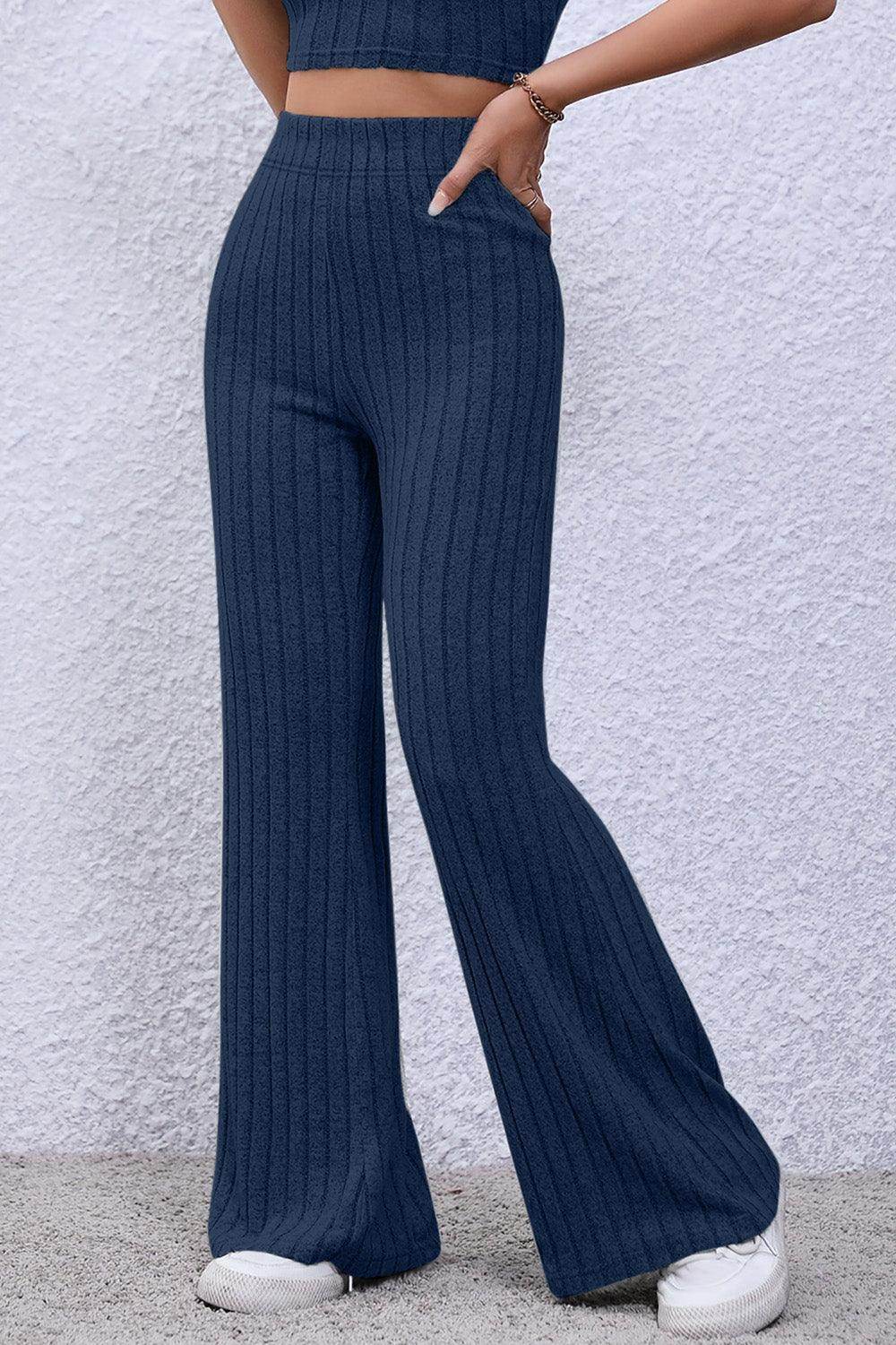 Basic Bae Full Size Ribbed High Waist Flare Pants for Women - Selvanelle