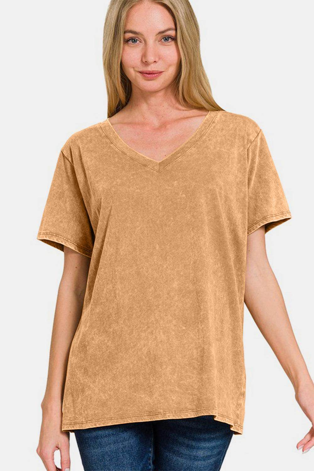 Zenana Full Size Washed Short Sleeve V-Neck T-Shirt for Women - Selvanelle