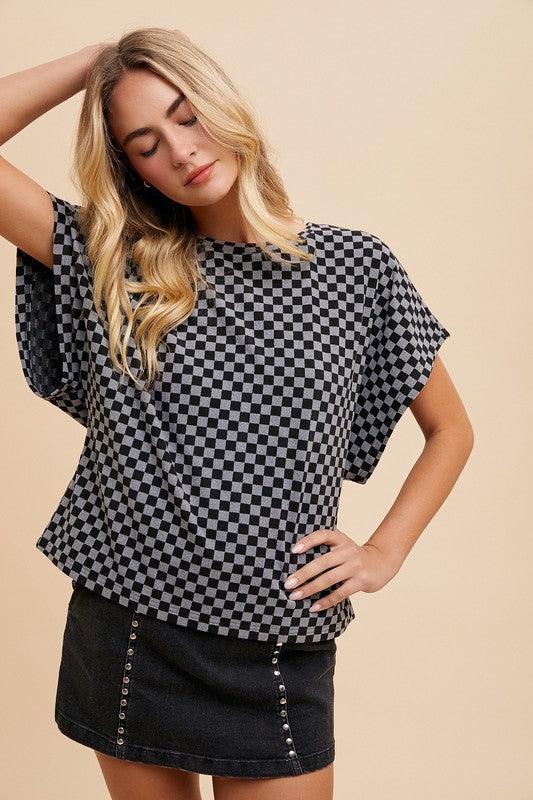 Annie Wear Checkered Round Neck Short Sleeve T-Shirt for Women