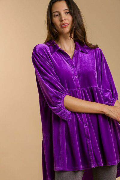Umgee Full Size Button Down Tiered Back High Low Shirt - Selvanelle