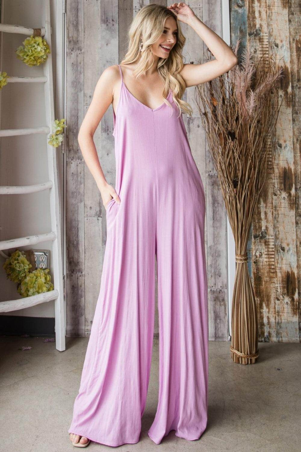 Veveret Pocketed Spaghetti Strap V-Neck Wide Leg Jumpsuit - Selvanelle
