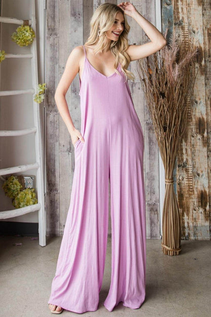 Veveret Pocketed Spaghetti Strap V-Neck Wide Leg Jumpsuit - Selvanelle