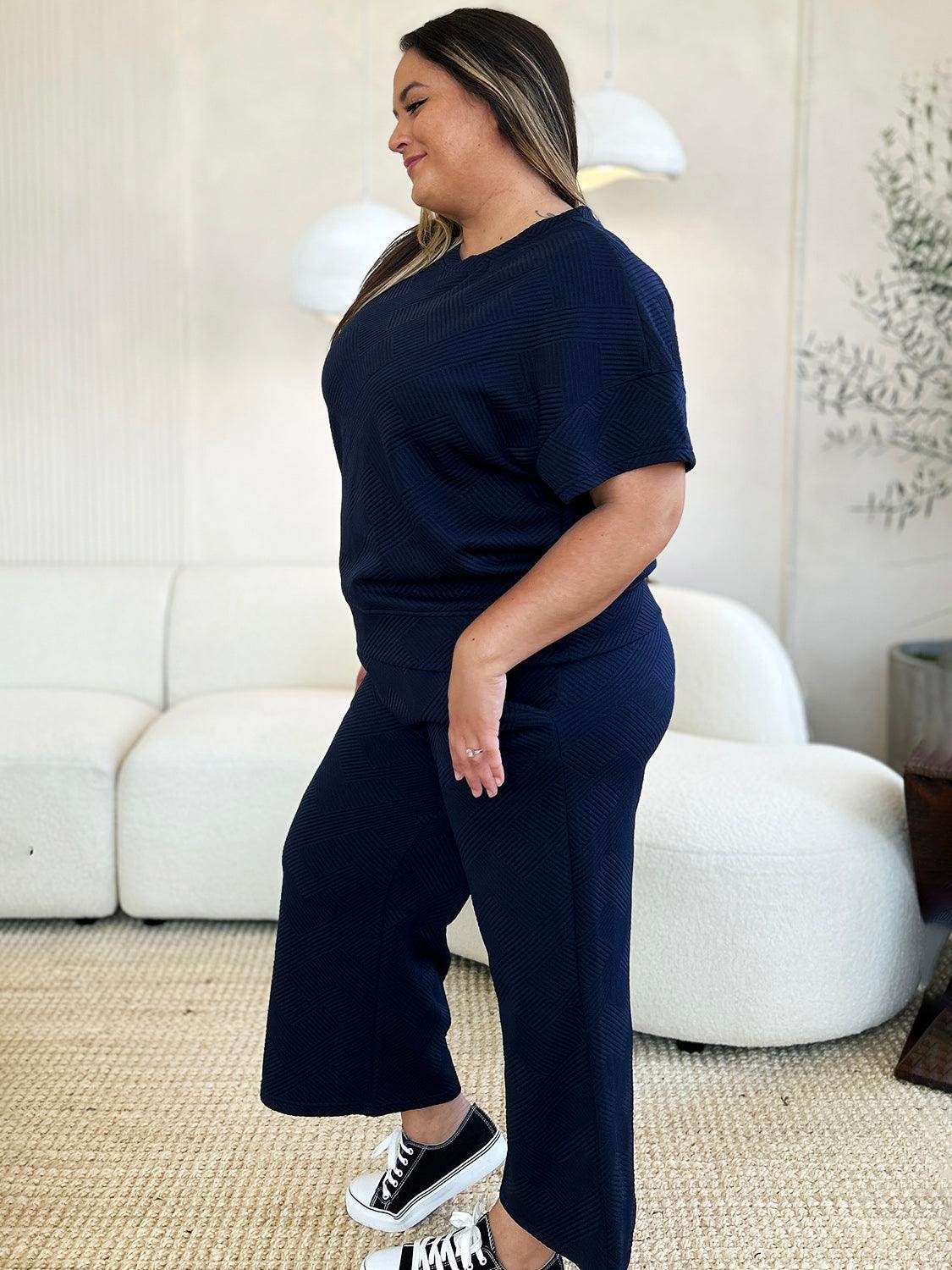 Double Take Full Size Texture Top and Pants Set for Women - Selvanelle