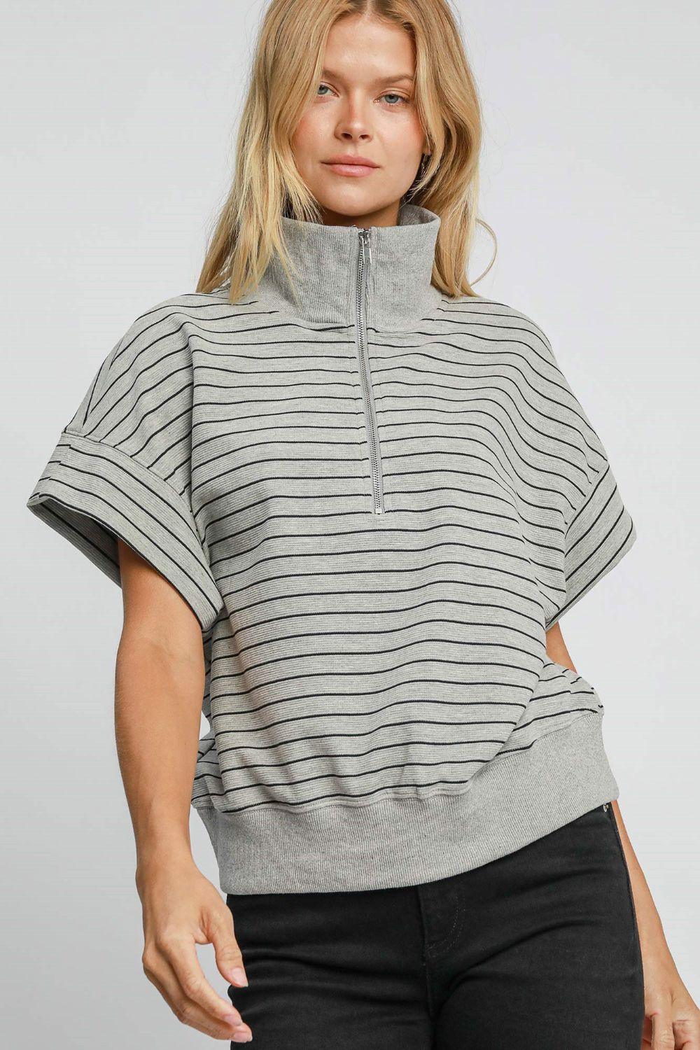 Umgee Striped Half Zip Short Sleeve Sweatshirt for Women