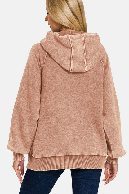 Zenana Acid Wash Fleece Kangaroo Hoodie for Women - Selvanelle