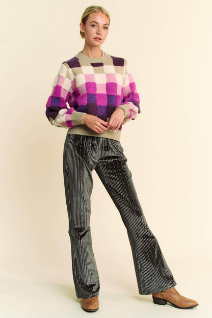 Davi & Dani Checkered Round Neck Long Sleeve Sweater Chic - Selvanelle