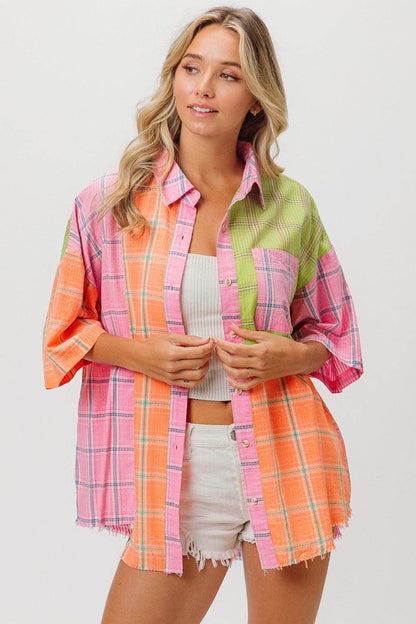 BiBi Plaid Collared Neck Half Sleeve Shirt for Women - Selvanelle