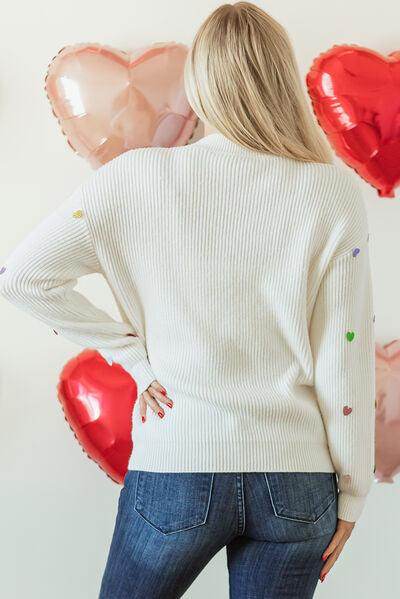 Heart Sequin Round Neck Long Sleeve Sweater for Women - Selvanelle