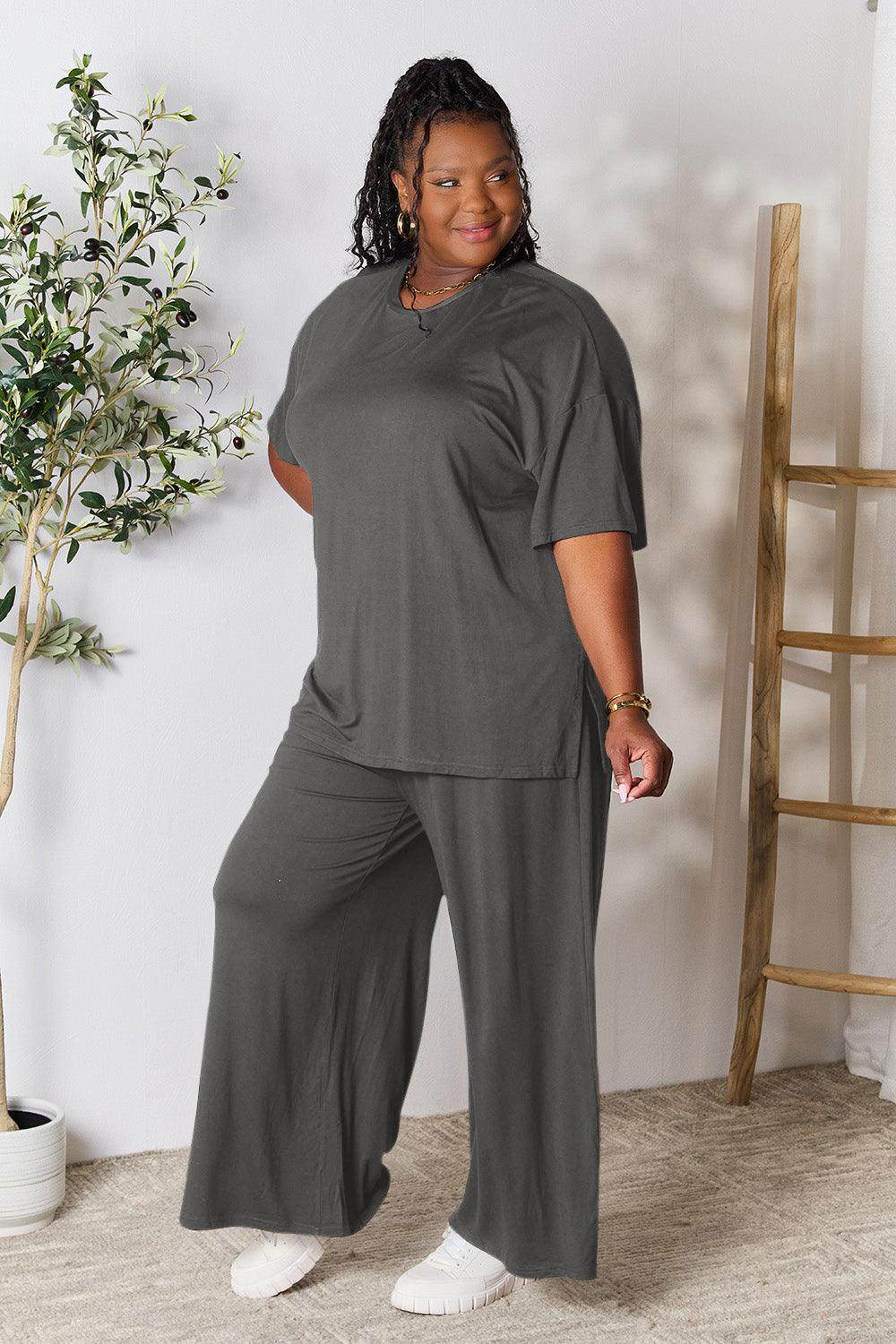 Double Take Full Size Round Neck Slit Top and Pants Set - Selvanelle