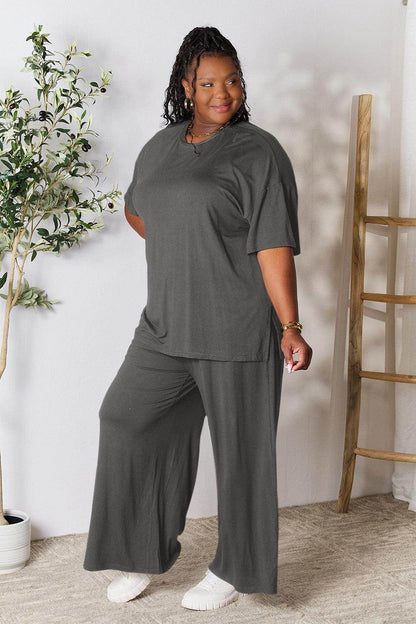 Double Take Full Size Round Neck Slit Top and Pants Set - Selvanelle