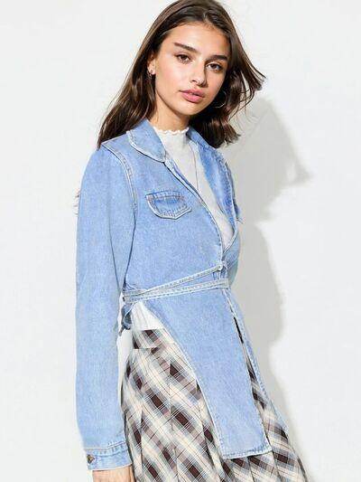 Asymmetric Slit Collared Neck Long Denim Top for Women - Selvanelle
